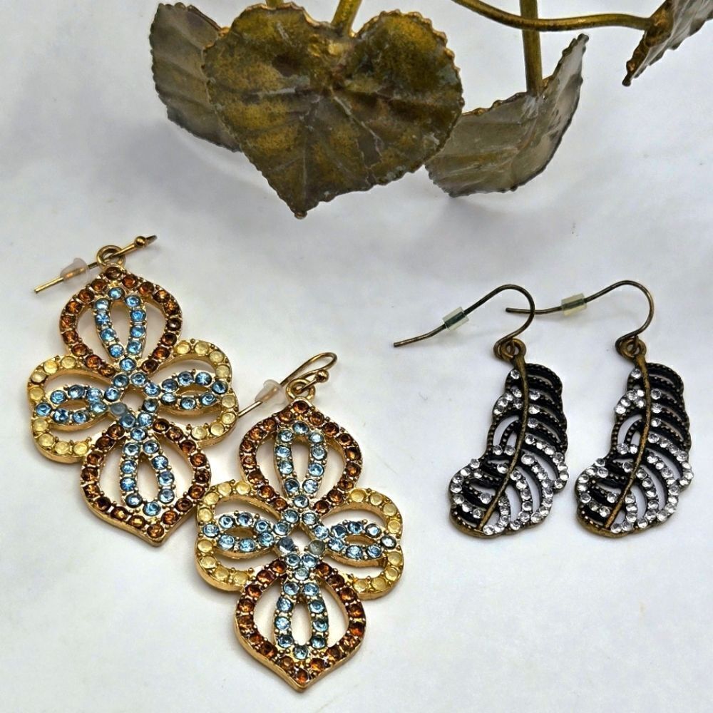 "5/$40" 2 Pairs Goldtone Gunmetal Rhinestone Dangle Earrings